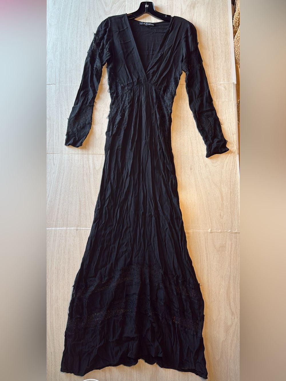 For Love & Lemons Black Lace-Trim Long Sleeve Maxi Dress